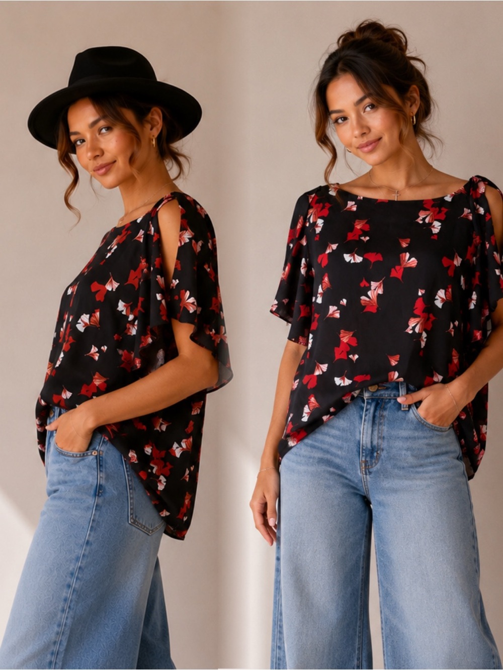 Banana Republic Black Floral Cold-Shoulder Flutter Top